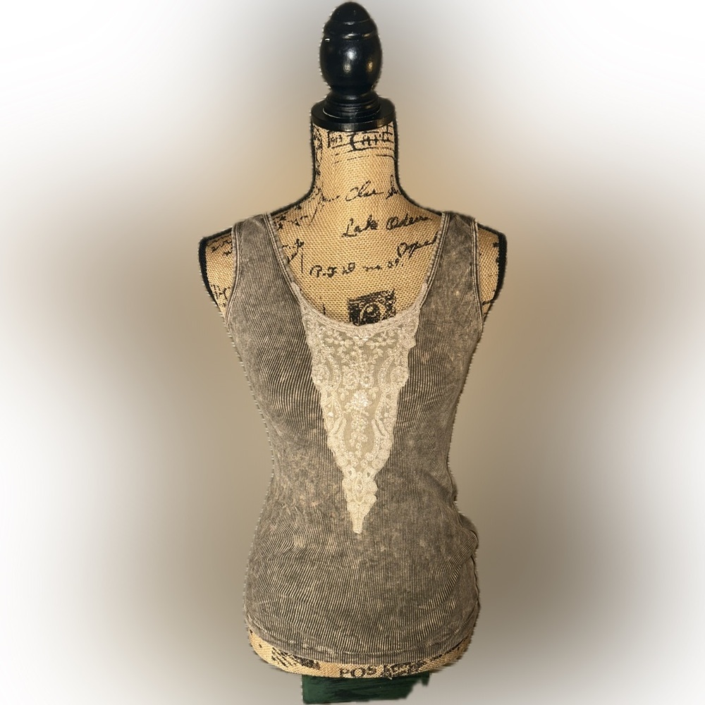 Vintage Y2K Lace Bedazzled Pearl Beaded Ribbed Cotton Acid Wash Layer Tank Top S